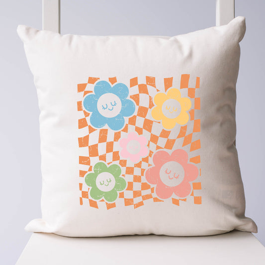 Checkered Flowers and Smiley | Pillow Cover
