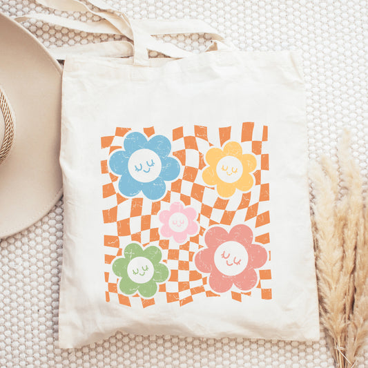 Checkered Flowers And Smiley | Tote Bag