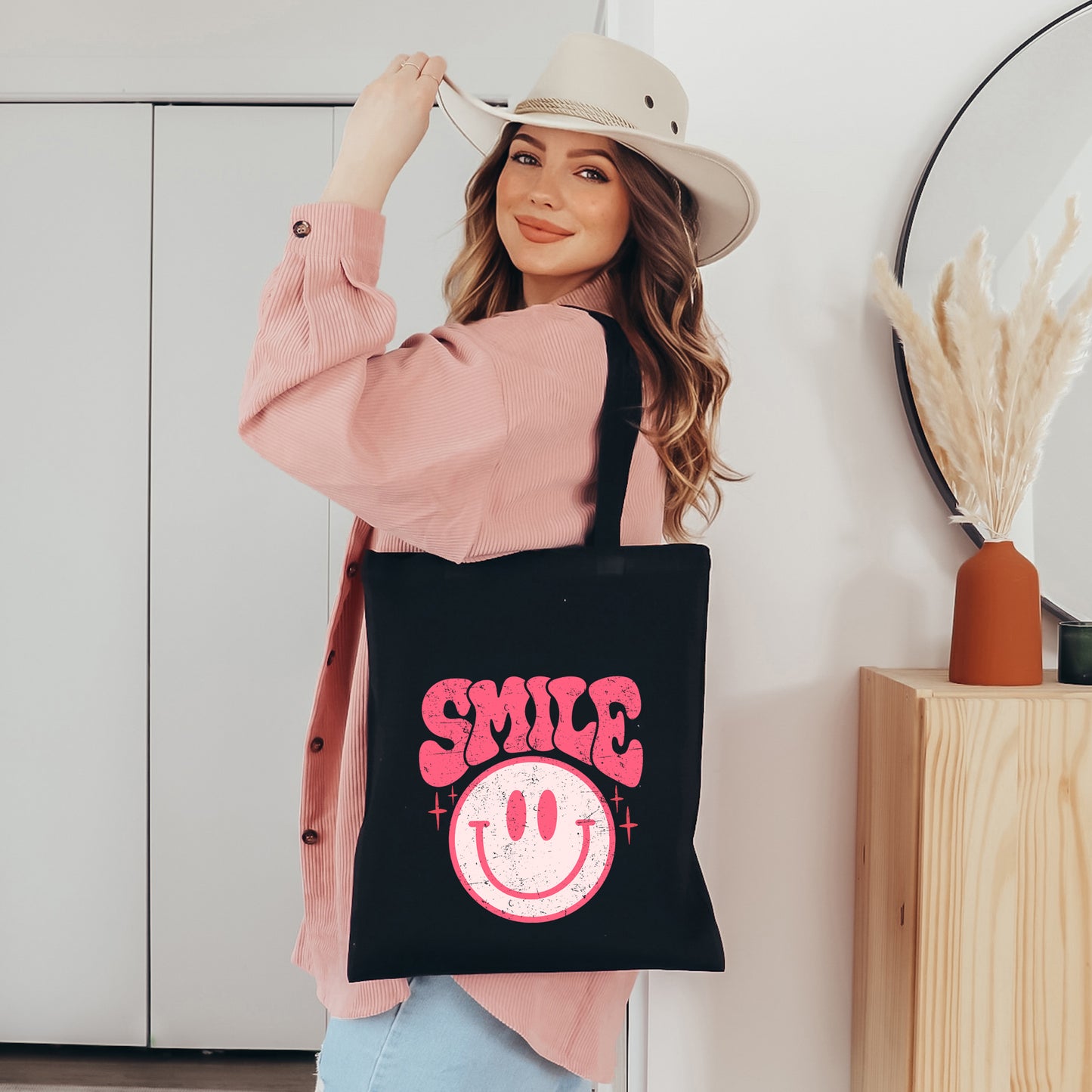 Pink Smiley Distressed | Tote Bag