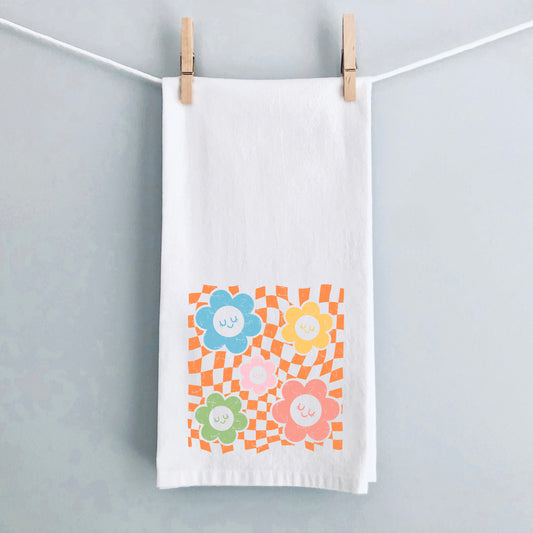 Checkered Flowers And Smiley | Tea Towel