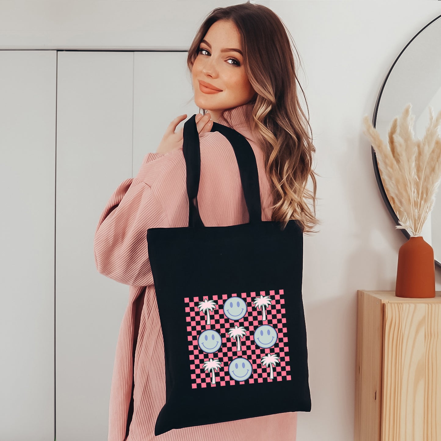Smiley Palm Trees Checkered | Tote Bag